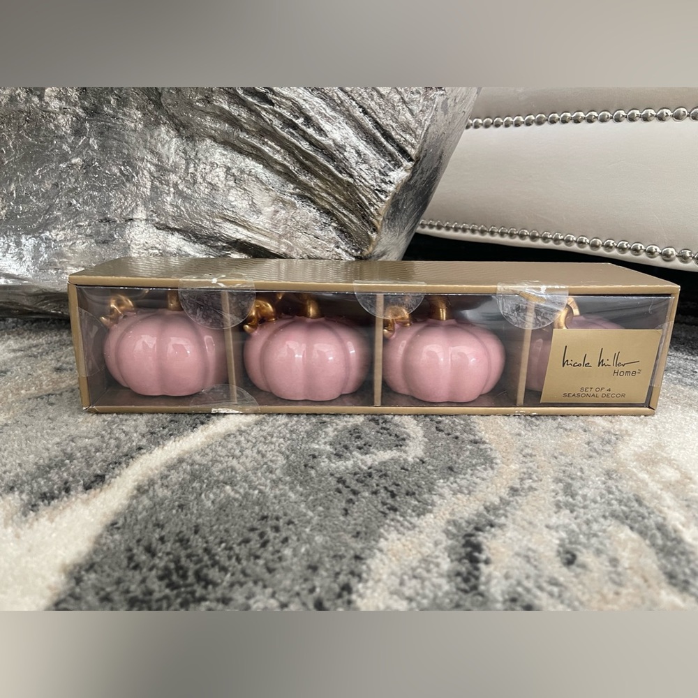 Nicole Miller Blush Pink Glazed Ceramic Pumpkins with Gold Stalks Set of 4 - Picture 10 of 14